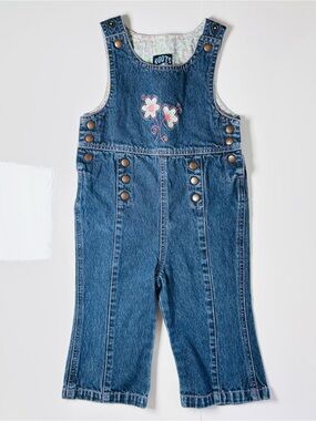 Vintage Y2K Roots Denim Overalls Floral Embroidered Sailor Buttons L